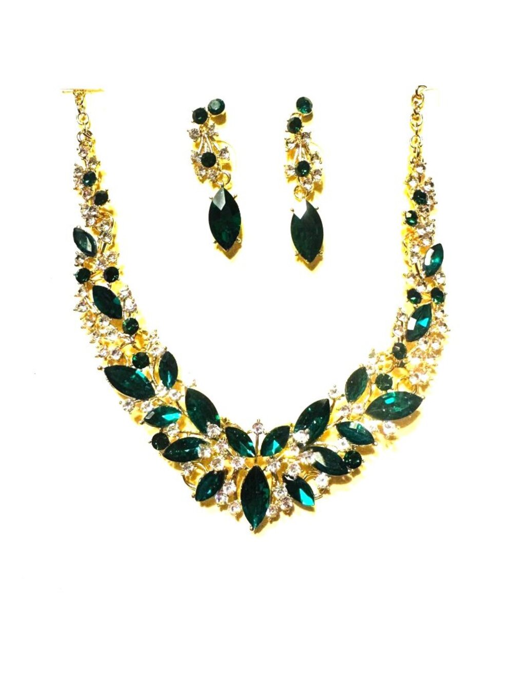 Green Crystal Necklace & Earrings Jewelry Set Gold Tone